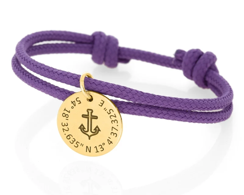 Anker Koordinaten Gravur Armband 3mm vergoldet Segelseil lila Damenschmuck maritim