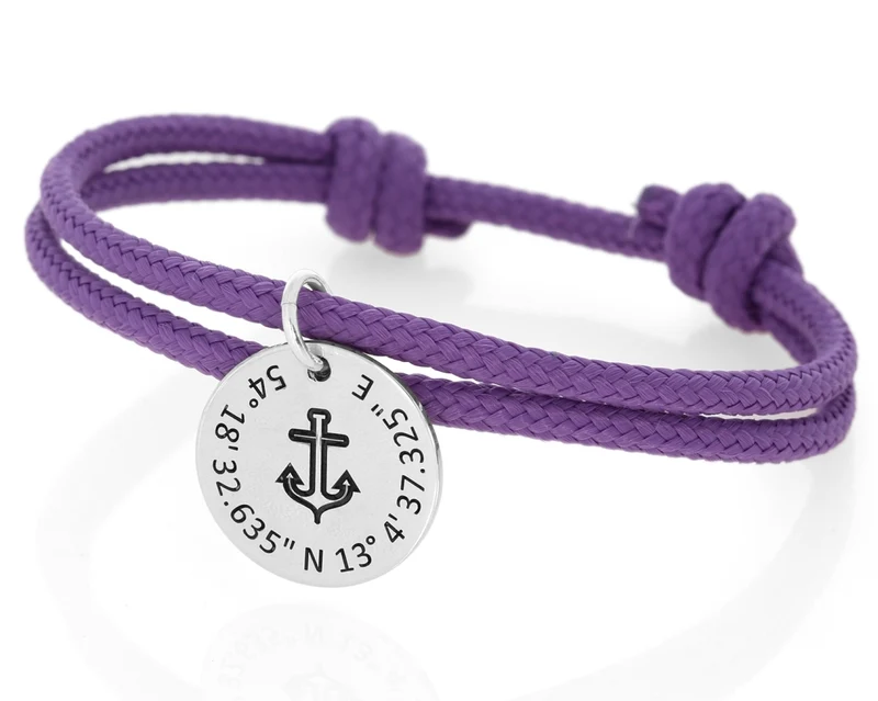 Segelseil 3mm Armband mit Gravur Anhänger Anker Koordinaten