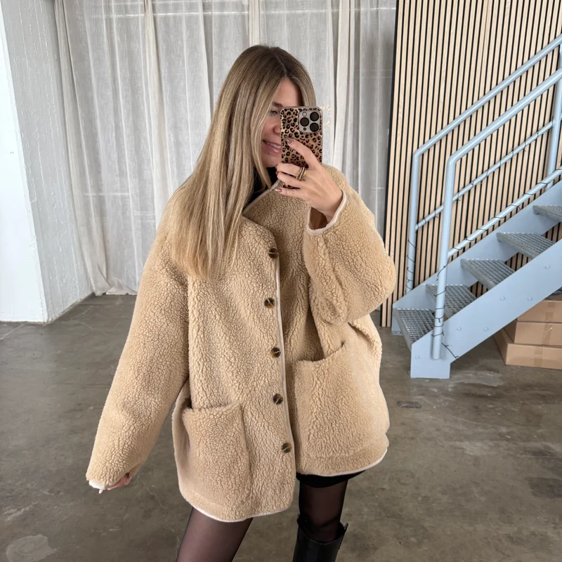 Oversized Teddy Jacke - Camel