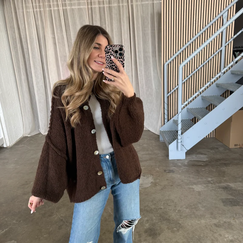 Midsize Strickjacke Perlmutt - Espresso