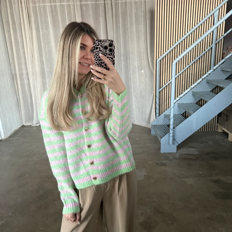 Hearts & Stripes Strickjacke - Rosa x Lime