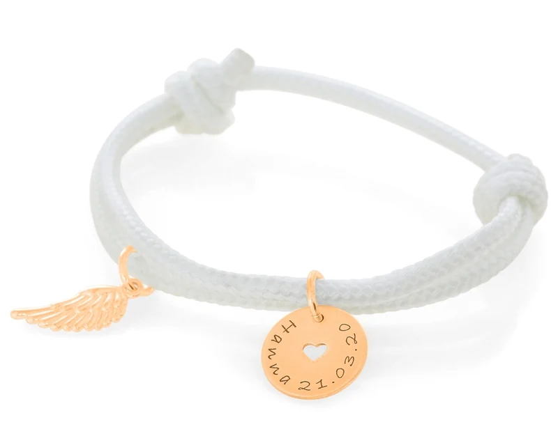 Segelseil 3mm Gravur Armband weiß Namensanhänger Flügel rosé vergoldet