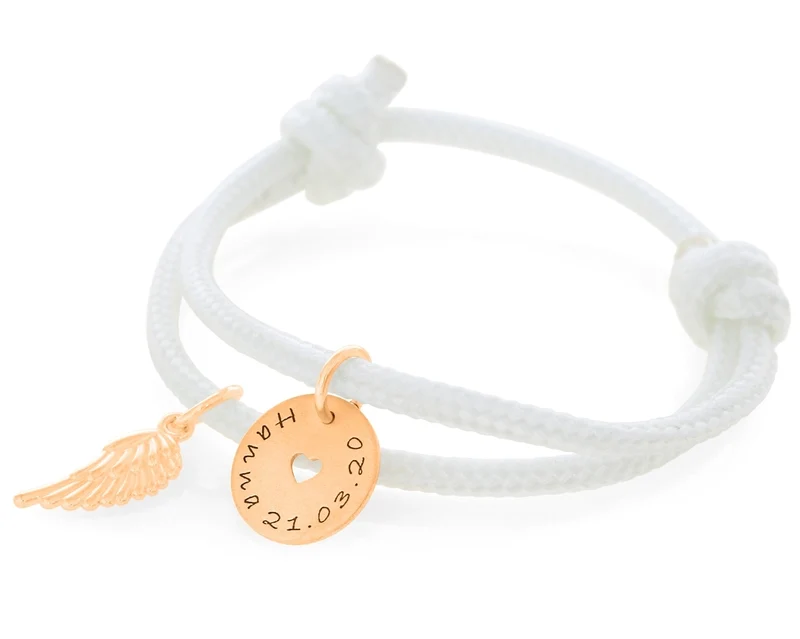 Segelseil 3mm Gravur Armband weiß Namensanhänger Flügel rosé vergoldet