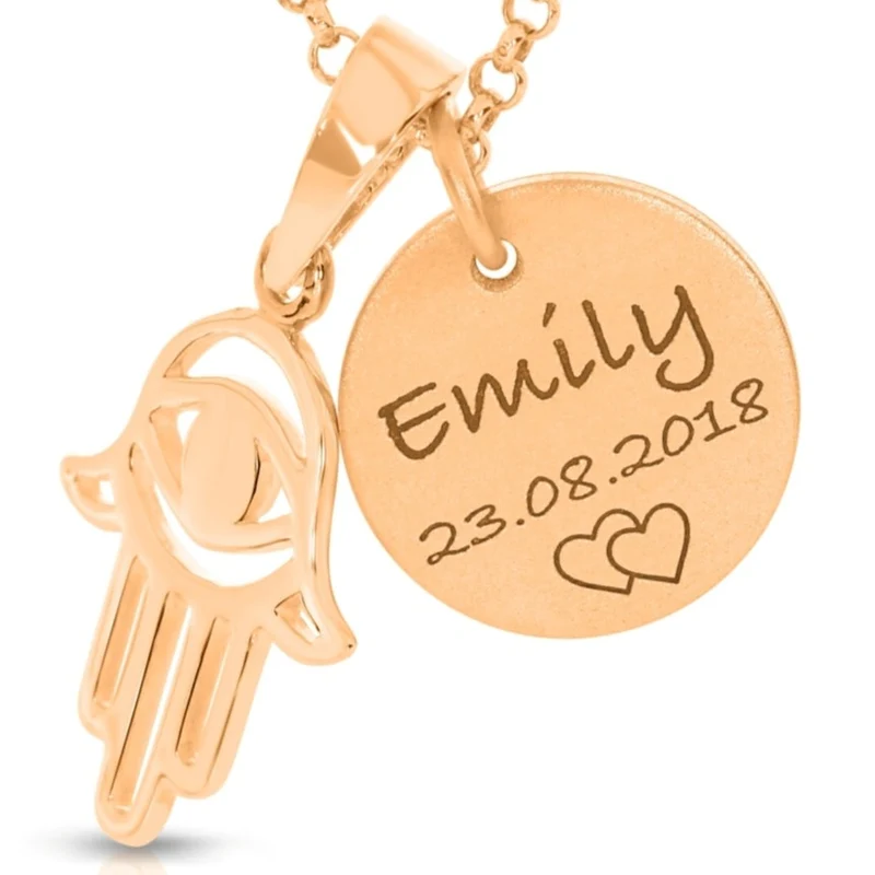 Kette mit Gravur Namen Schmuck Damen rosé vergoldet Fatima Hand Hamsa
