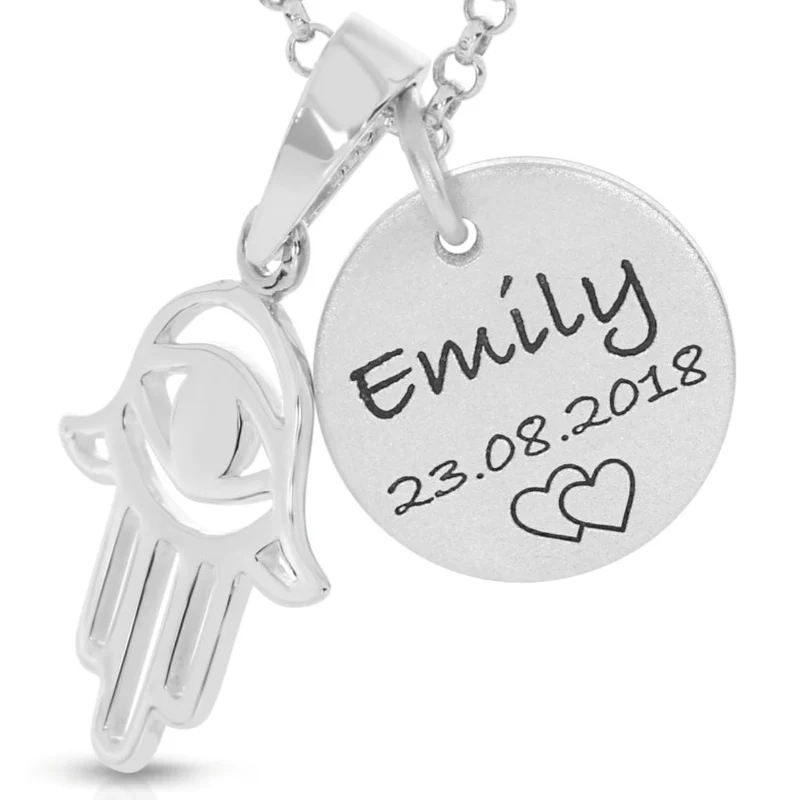 Halskette mit Gravur Damenschmuck Name Fatimas Hand silber