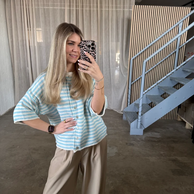 Kurzarm Stripes Strickjacke - Creme x Hellblau