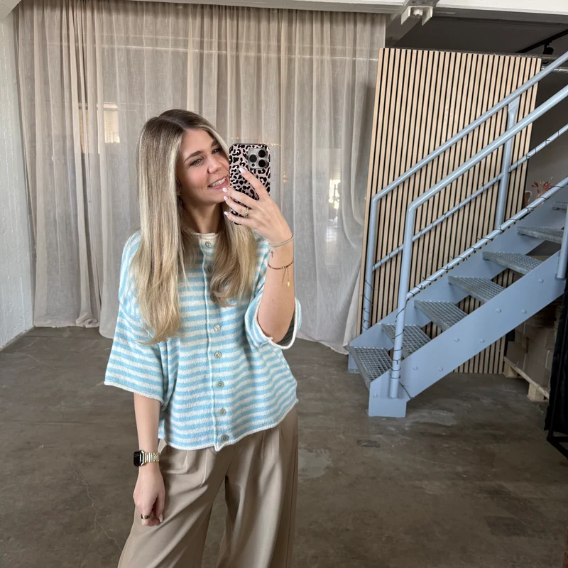 Kurzarm Stripes Strickjacke - Creme x Hellblau