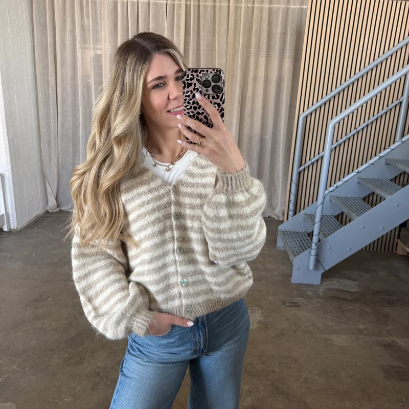 V-Neck Stripes Strickjacke - Beige x Creme