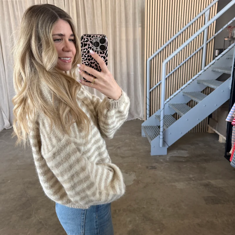 V-Neck Stripes Strickjacke - Beige x Creme
