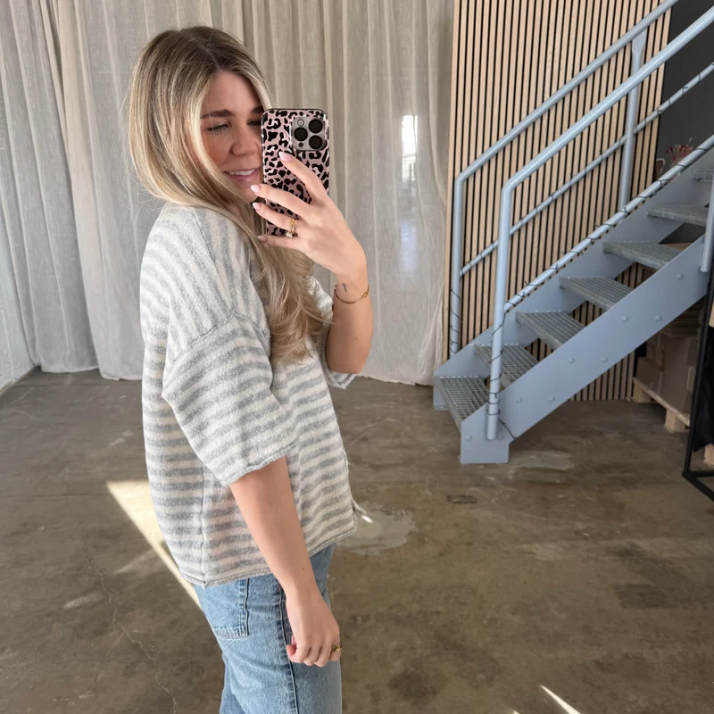 Kurzarm Stripes Strickjacke - Grau x Creme