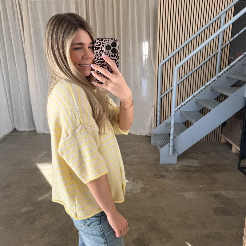 Kurzarm Stripes Strickjacke - Butter Yellow