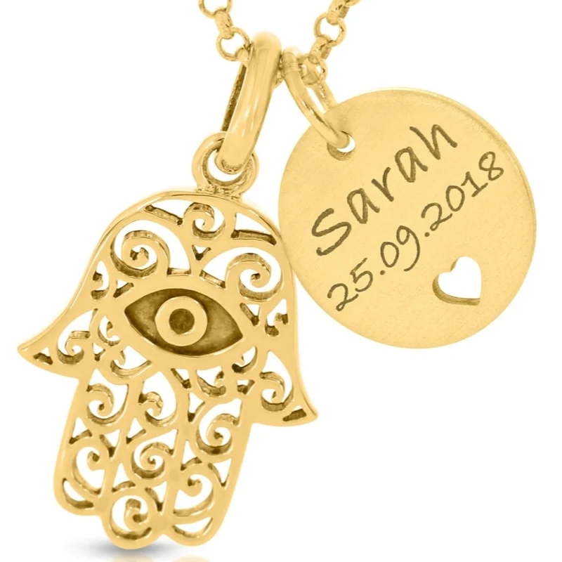 Damen Kette Hand der Fatima vergoldete Gravur Anhänger Name