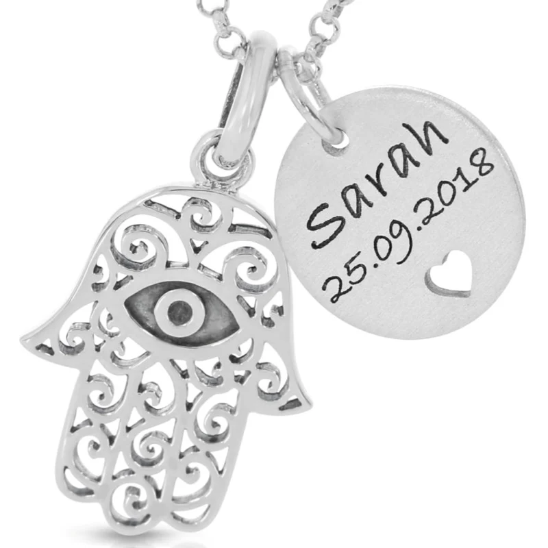 Kette Anhänger Gravur silber Hand Fatimas Auge