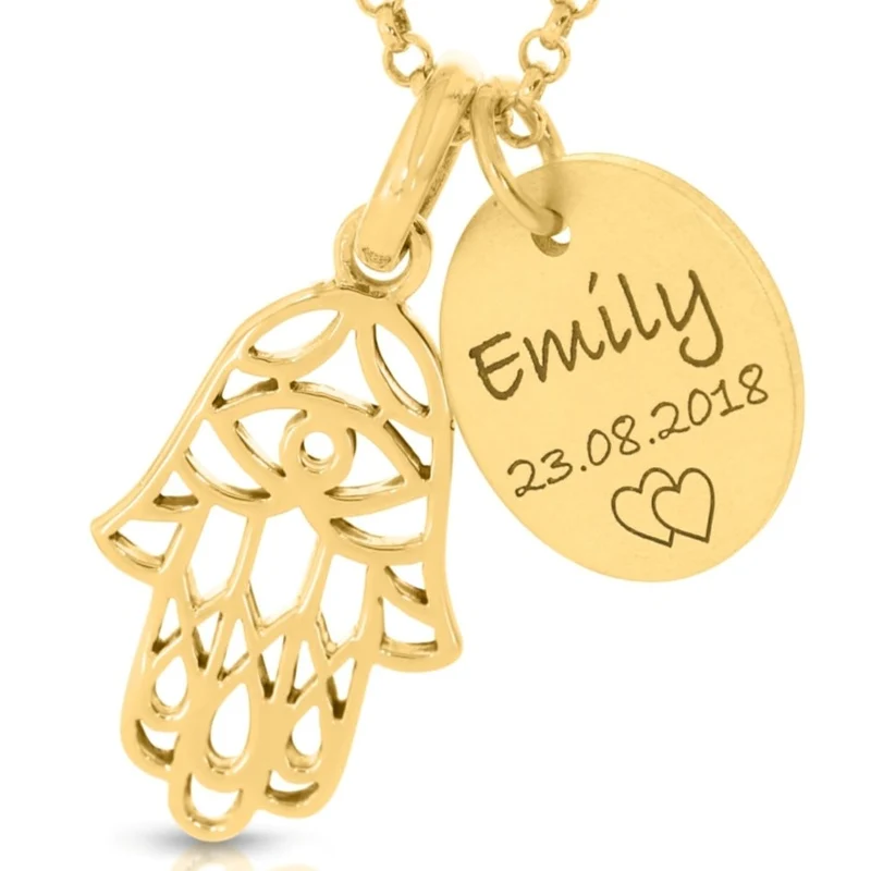 Schmuck Gravur Anhänger vergoldet Hand Fatima Damen