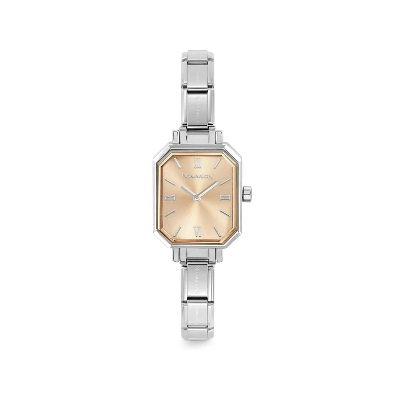 Time Paris Rectangle Yellow Gold Dial & Silver Charm Bracelet Watch