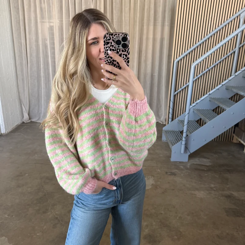V-Neck Stripes Strickjacke - Rosa x Grün