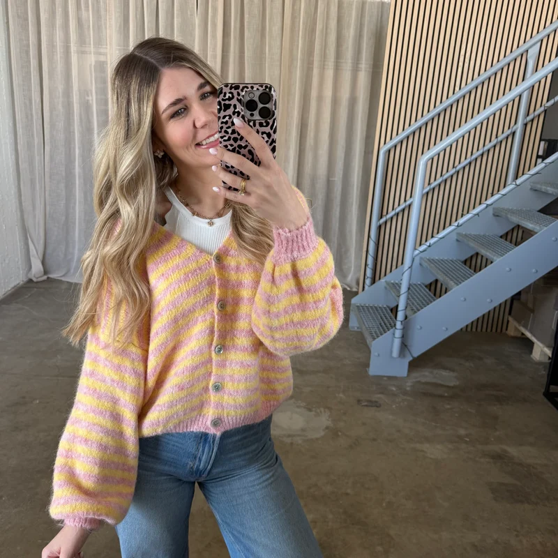 V-Neck Stripes Strickjacke - Rosa x Butter Yellow