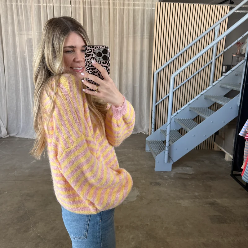 V-Neck Stripes Strickjacke - Rosa x Butter Yellow