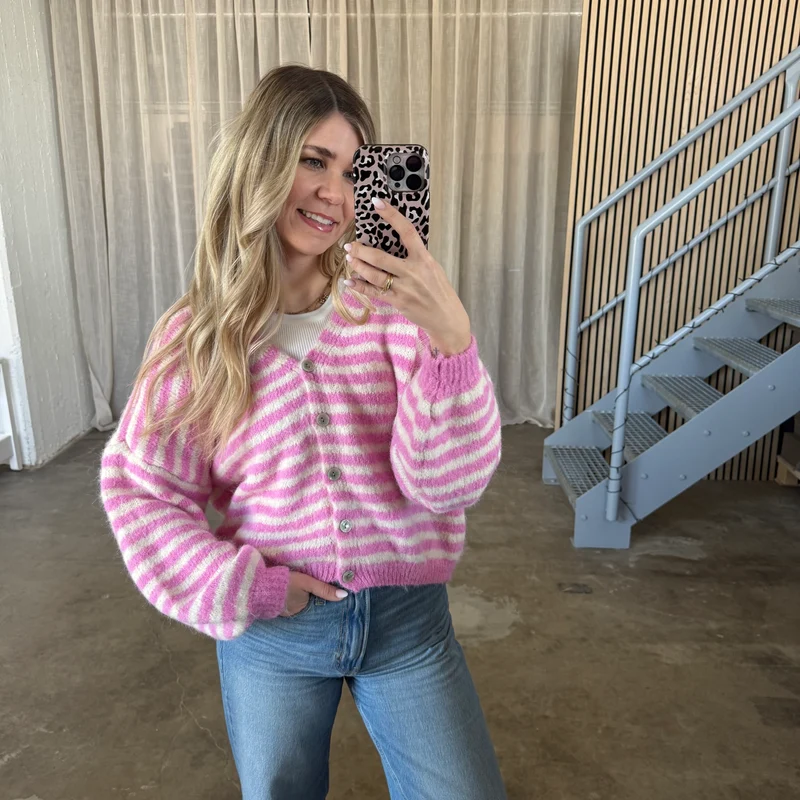 V-Neck Stripes Strickjacke - Pink x Creme