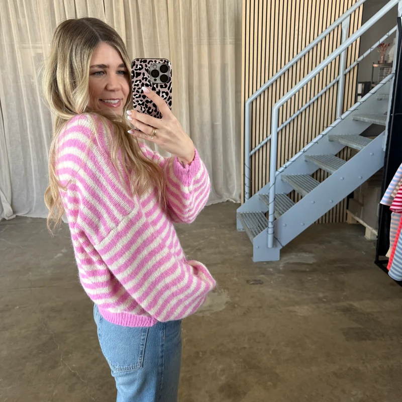 V-Neck Stripes Strickjacke - Pink x Creme
