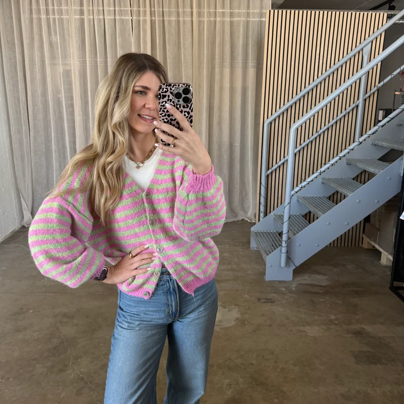 V-Neck Stripes Strickjacke - Pink x Grün
