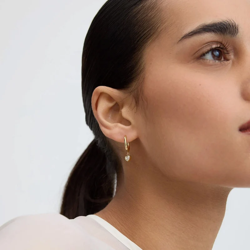 Gold Bezel Heart Huggie Earrings