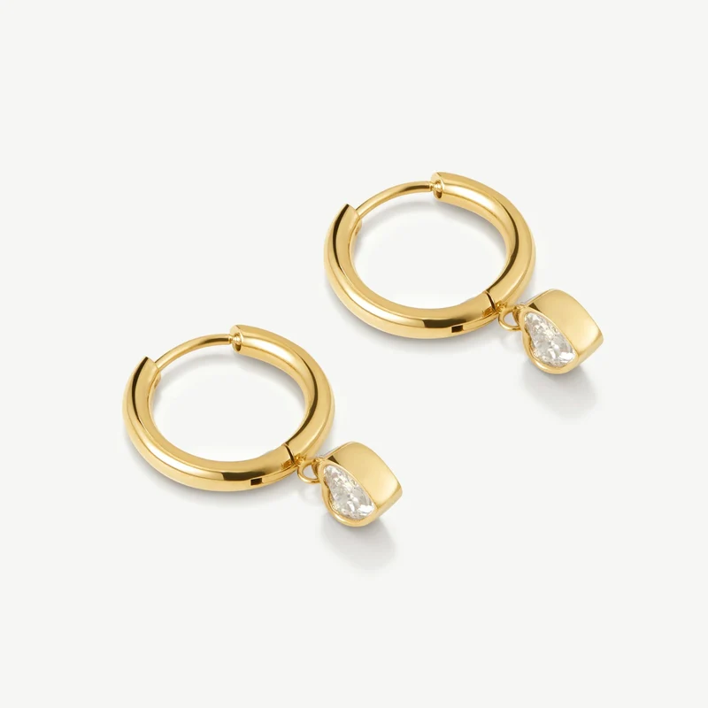 Gold Bezel Heart Huggie Earrings