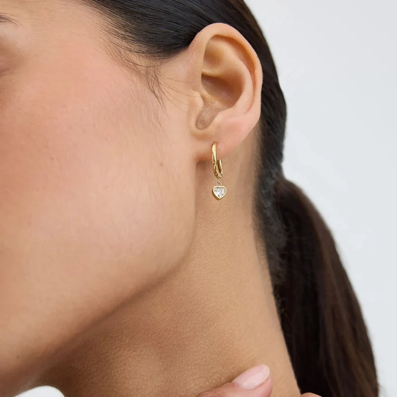 Gold Bezel Heart Huggie Earrings