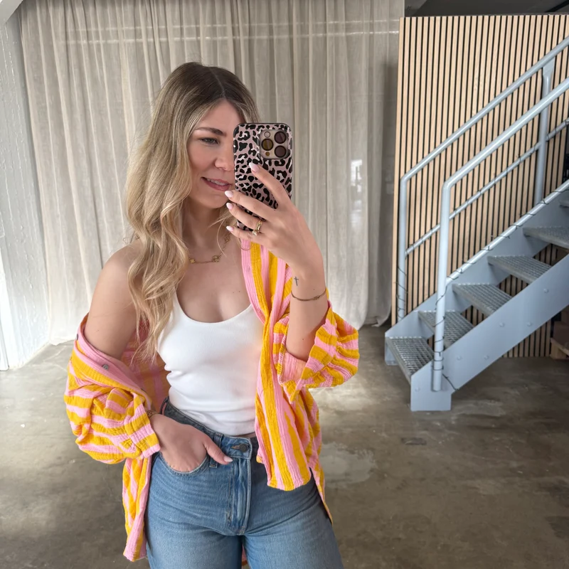 Oversize Musselinbluse Big Stripes - Rosa x Gelb