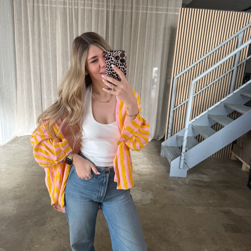 Oversize Musselinbluse Big Stripes - Rosa x Gelb