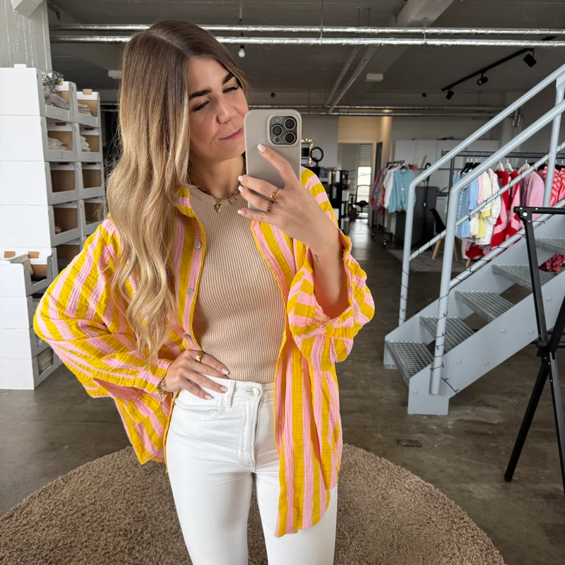 Oversize Musselinbluse Big Stripes - Rosa x Gelb