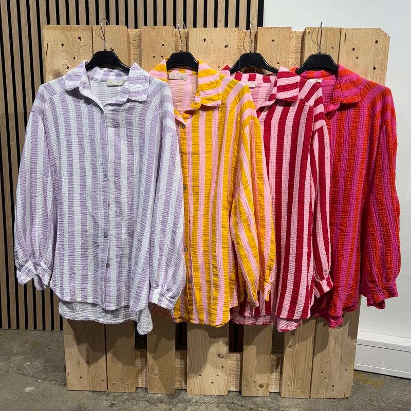 Oversize Musselinbluse Big Stripes - Flieder x Weiß