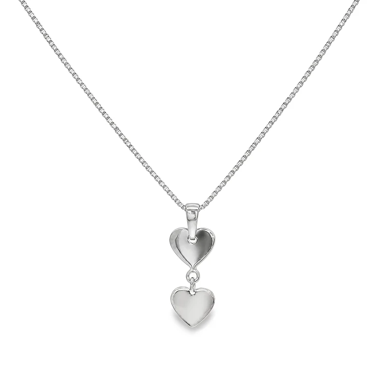 Silver High Shine Double Drop Hearts Pendant Necklace
