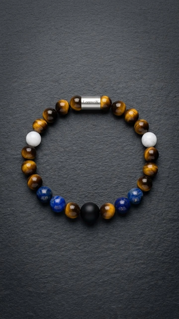 Infinity Balance – Golden Harmony | Perlenarmband Herren Tigerauge Lapislazuli 8mm