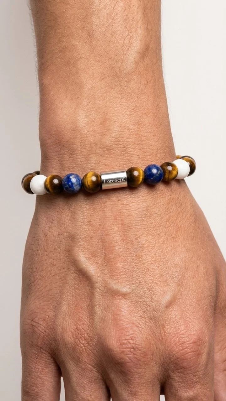 Infinity Balance – Golden Harmony | Perlenarmband Herren Tigerauge Lapislazuli 8mm
