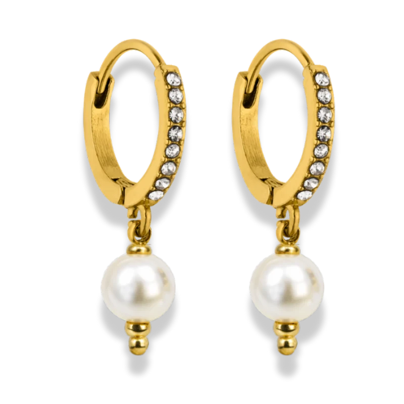 Classic Pave Pearl Huggie Ohrringe 14K Vergoldet
