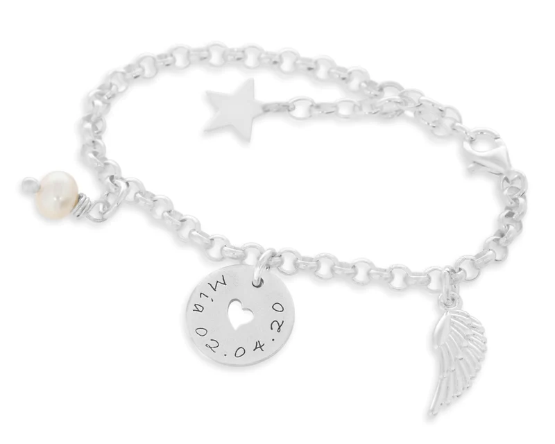 Silberarmband Gravur Flügel Perle Anhänger Namensarmband 925 Silber