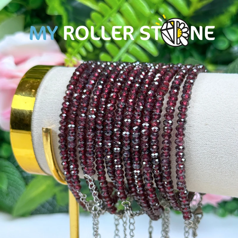 Facettiertes Armband, roter Granat, Edelstahlverschluss