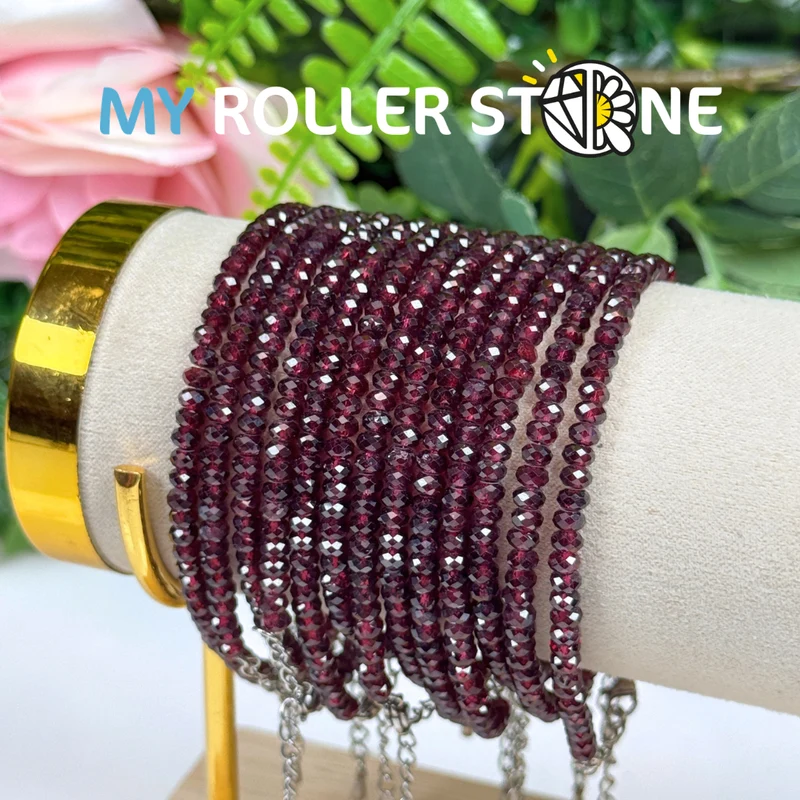 Facettiertes Armband, roter Granat, Edelstahlverschluss