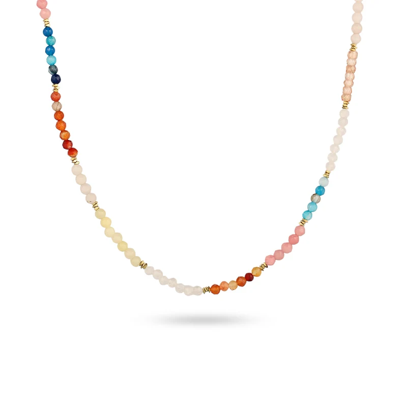 Halskette Beads | Achat (Blau) & Zirkonia (Pfirsich) & Mondstein (Weiß)