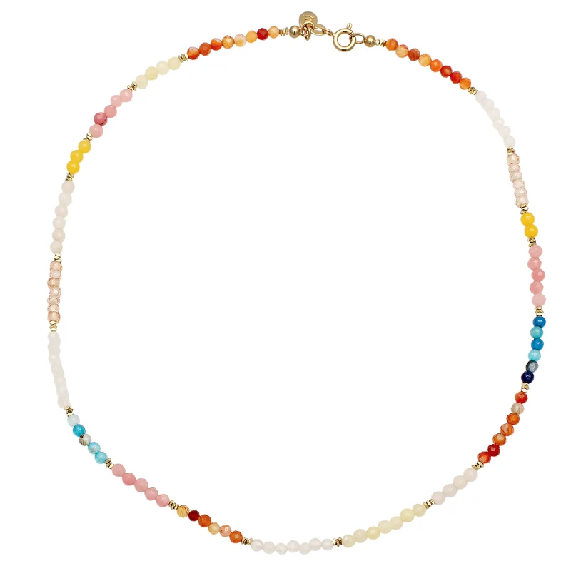 Halskette Beads | Achat (Blau) & Zirkonia (Pfirsich) & Mondstein (Weiß)