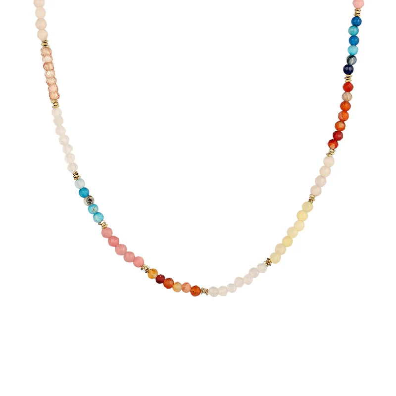Halskette Beads | Achat (Blau) & Zirkonia (Pfirsich) & Mondstein (Weiß)