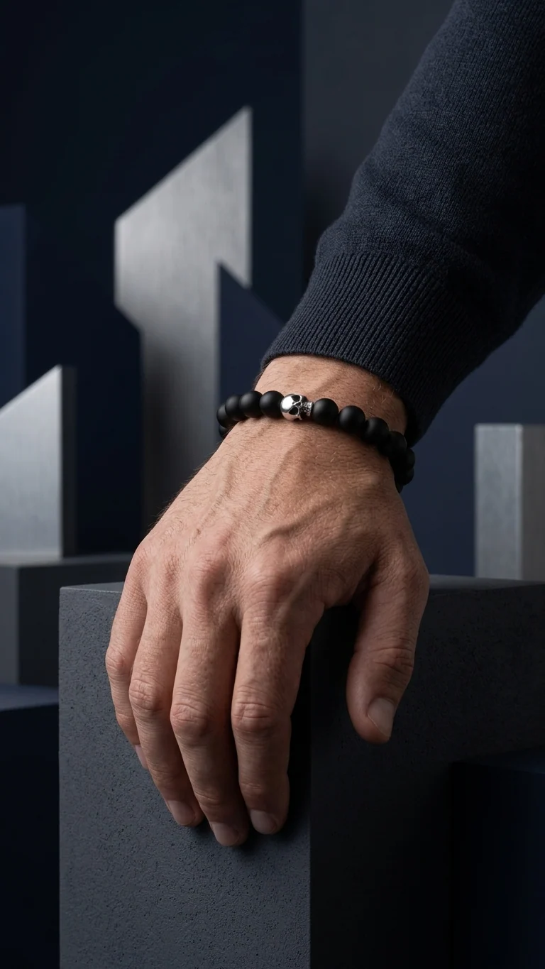 Onyx Skull Luxe – Handgefertigtes Onyx-Perlen-Armband mit Totenkopf und echter Silbermaske
