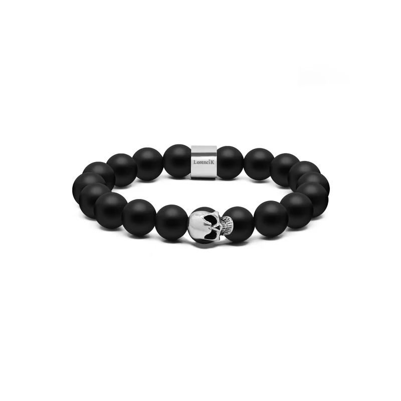 Onyx Skull Luxe – Handgefertigtes Onyx-Perlen-Armband mit Totenkopf und echter Silbermaske