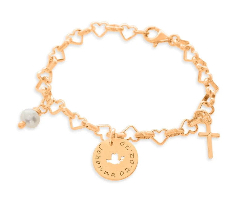 Taufarmband mit Herzen rosé vergoldet Namenarmband Taufe Perle Kreuz Anhänger