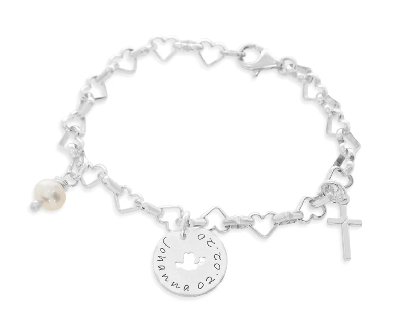 Herzarmband 925 Sterling Silber Namen Gravur Taube Taufe Kommunion Konfirmation