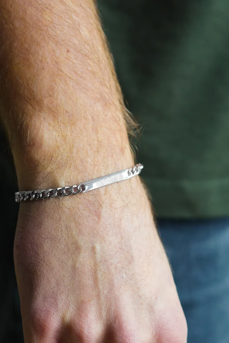 Vingerafdruk Mannen Bar Chain Armband - Zilverkleurig staal - Gepersonaliseerde Heren Armband