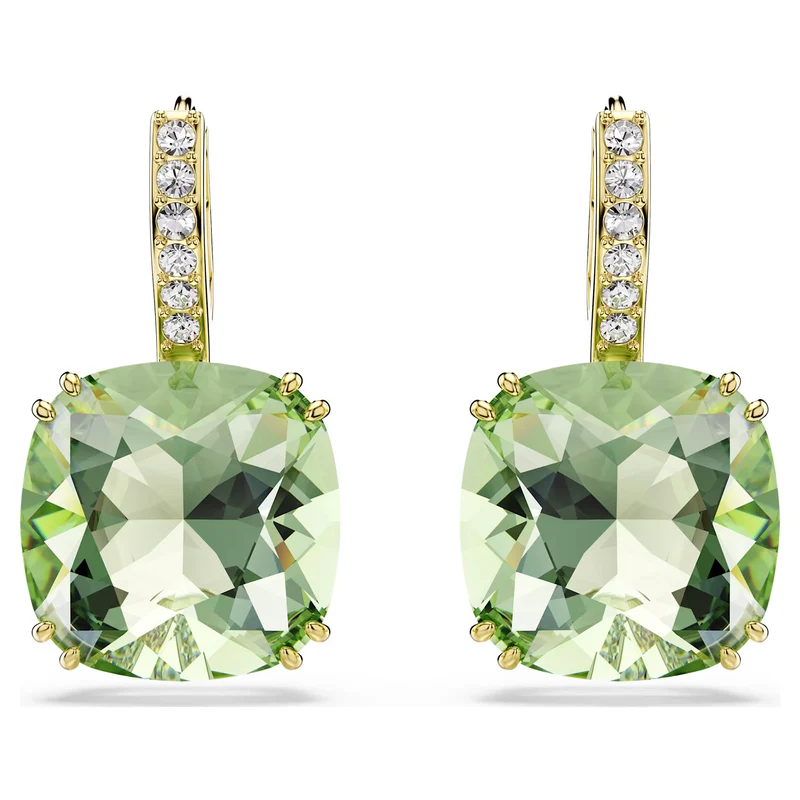 Millenia Drop Earrings with Cushion Cut Green Crystal in 18ct Yellow Gold Finish