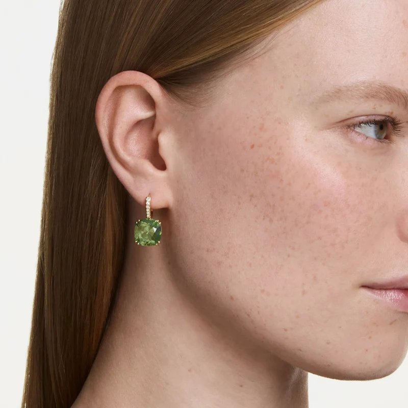 Millenia Drop Earrings with Cushion Cut Green Crystal in 18ct Yellow Gold Finish