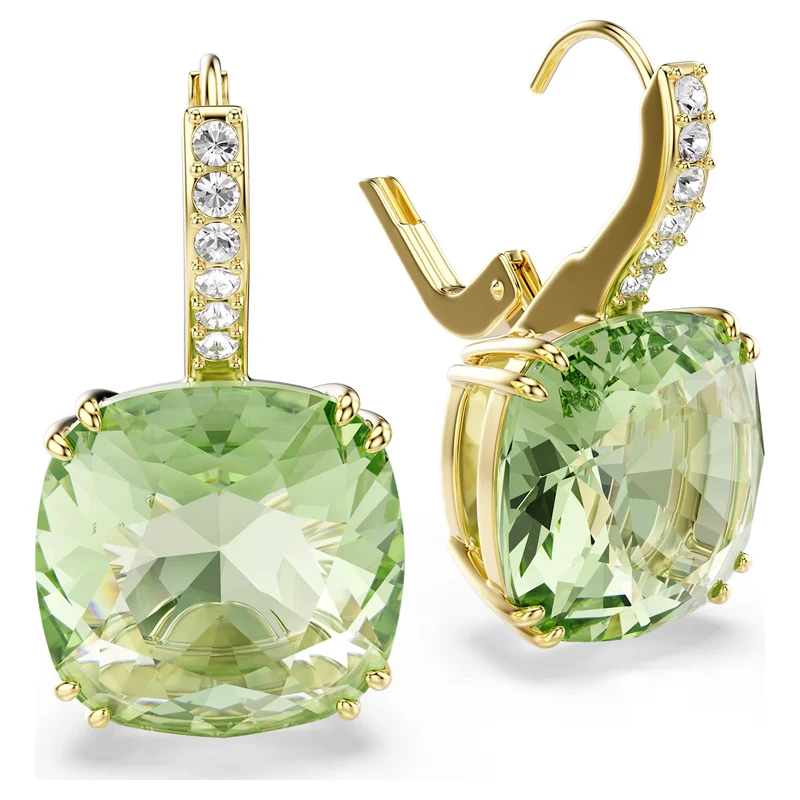 Millenia Drop Earrings with Cushion Cut Green Crystal in 18ct Yellow Gold Finish